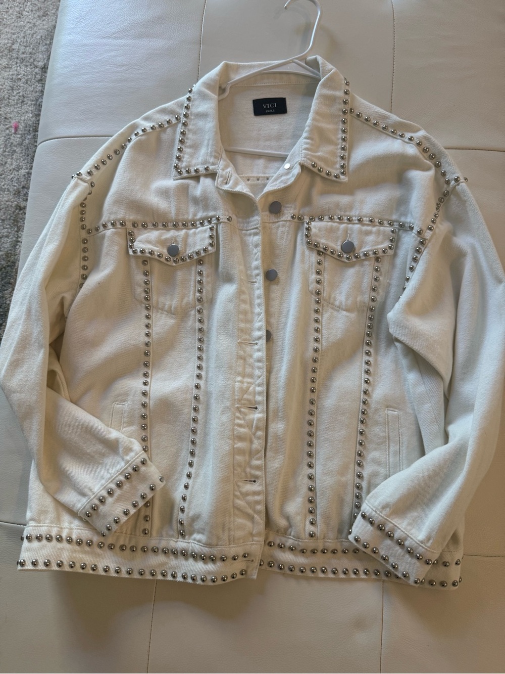 VICI Cream Studded Denim Jacket with Silver Accents